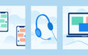 Graphical representation of two smartphones, headphone and laptop kept in three sides of this picture.